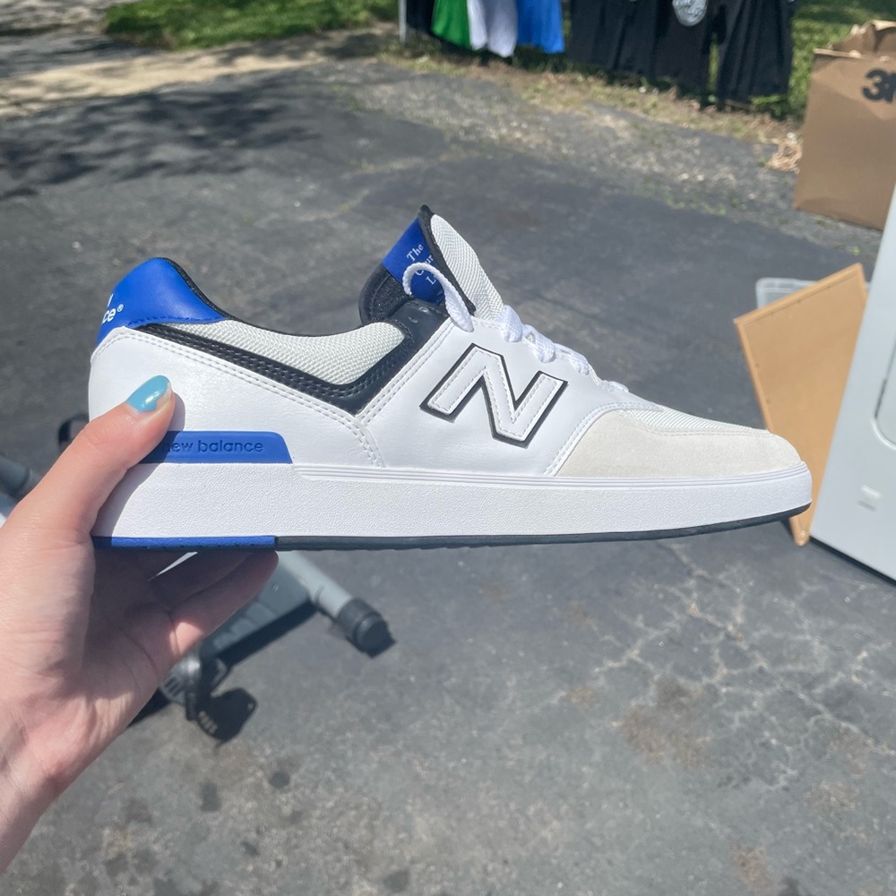 New Balance White and Blue Classic Sneakers